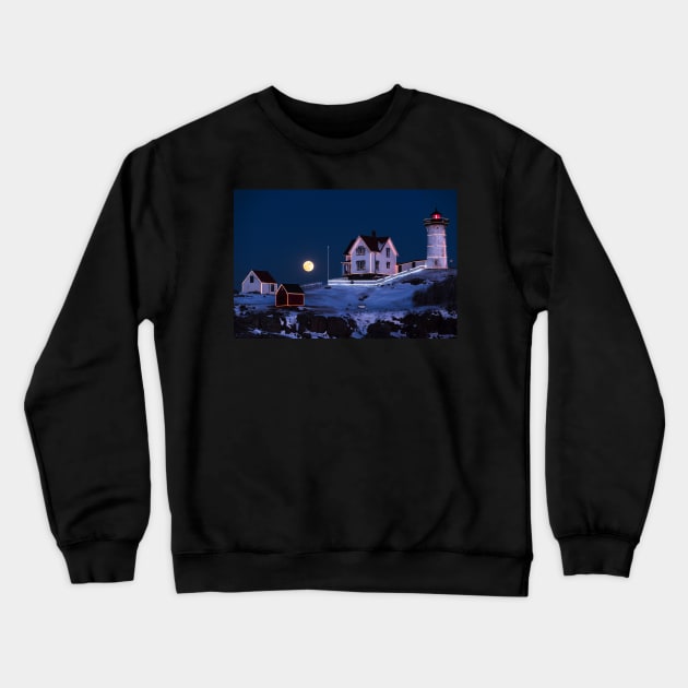 Nubble Lighthouse 2018 New Year Supermoon Cape Neddick Crewneck Sweatshirt by WayneOxfordPh